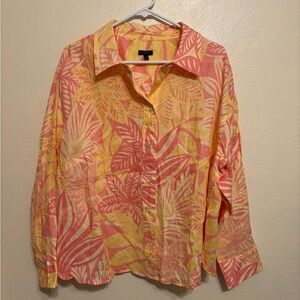 Talbots Pink and Yellow Leaf Print Button Down Shirt